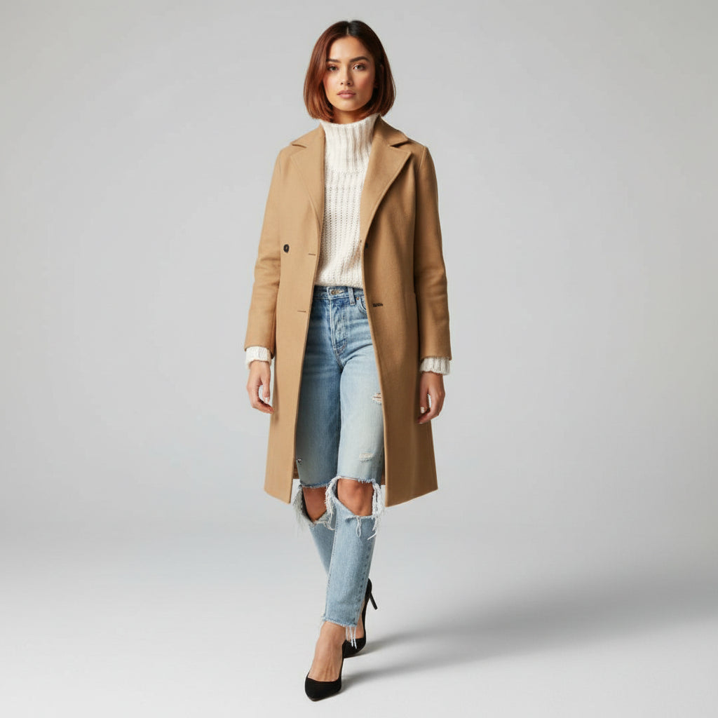 Casaco de Inverno Feminino Comprido Ajustado com Gola