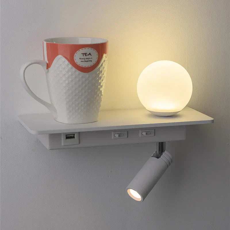 SpaceGlow – Modern LED Wall Lamp with Shelf and USB Port