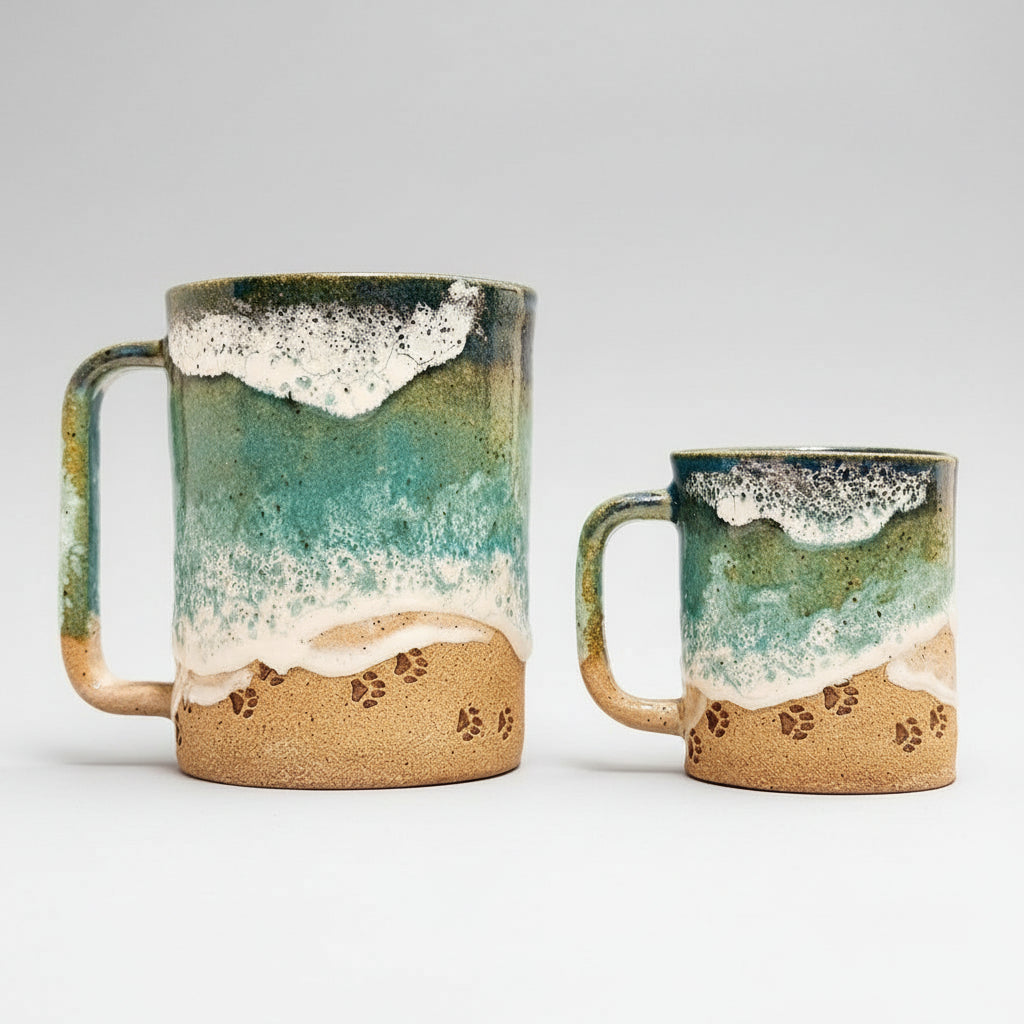 Ocean Shoreline Mug Handmade Paw Print Design Beach-Inspired Pottery 4