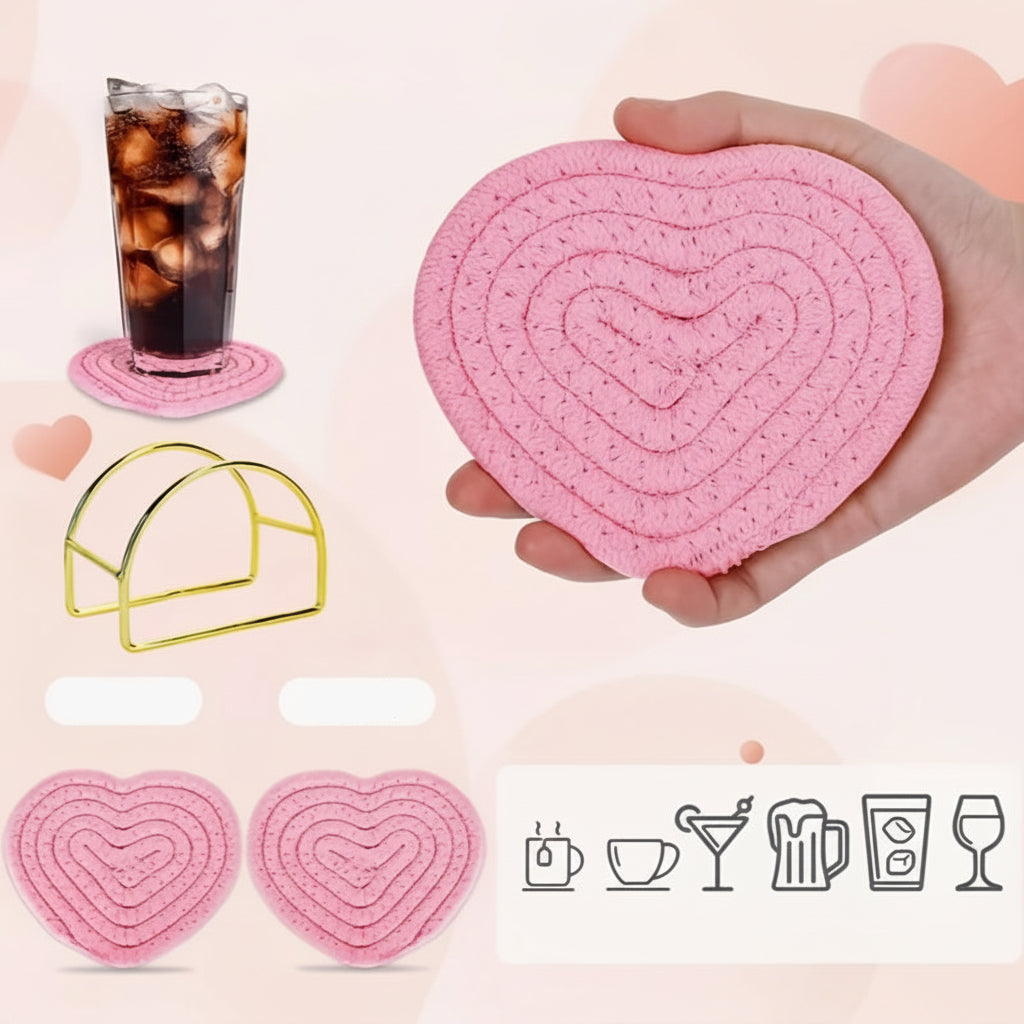 Conjunto de Descanso de Copos em Forma de Coração Tecido