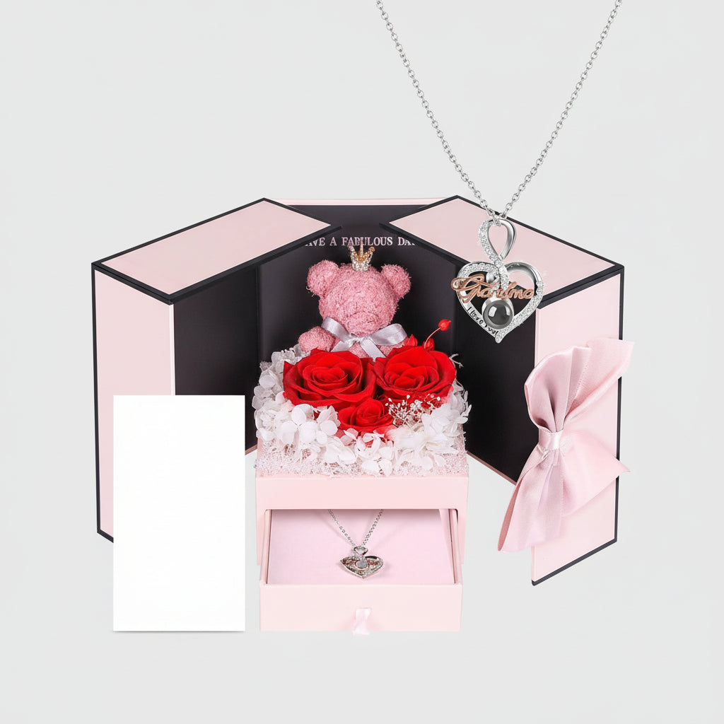 Caixa de Presente Rose Guardada Urso Feito à Mão Colar Eu Amo-Te