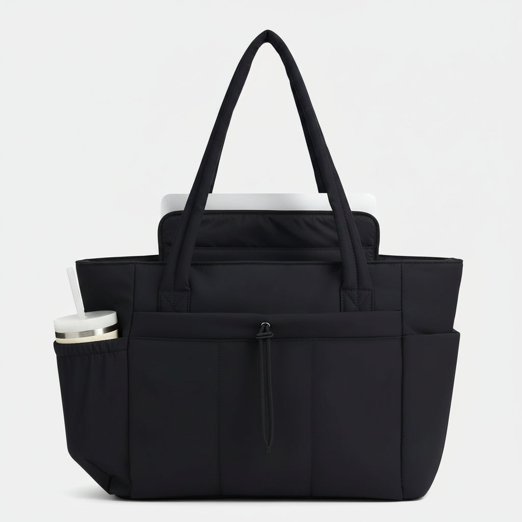 Quilted Tote Bag with Padded Laptop Sleeve and Tumbler Holder 0