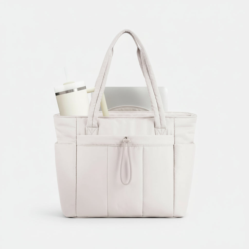 Quilted Tote Bag with Padded Laptop Sleeve and Tumbler Holder 1