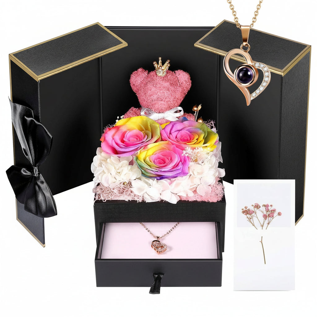 Caixa de Presente Rose Guardada Urso Feito à Mão Colar Eu Amo-Te