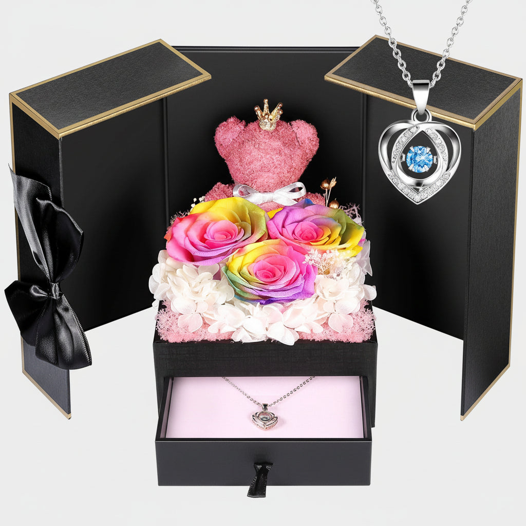 Caixa de Presente Rose Guardada Urso Feito à Mão Colar Eu Amo-Te