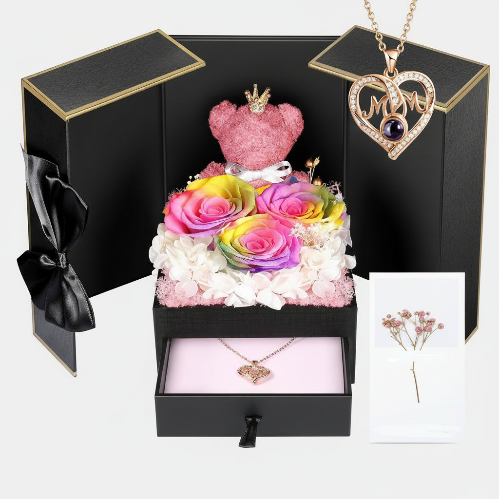 Caixa de Presente Rose Guardada Urso Feito à Mão Colar Eu Amo-Te