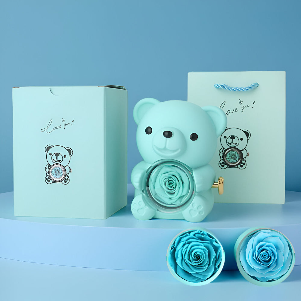 Romantic Teddy Bear Preserved Rose Heart Necklace Gift