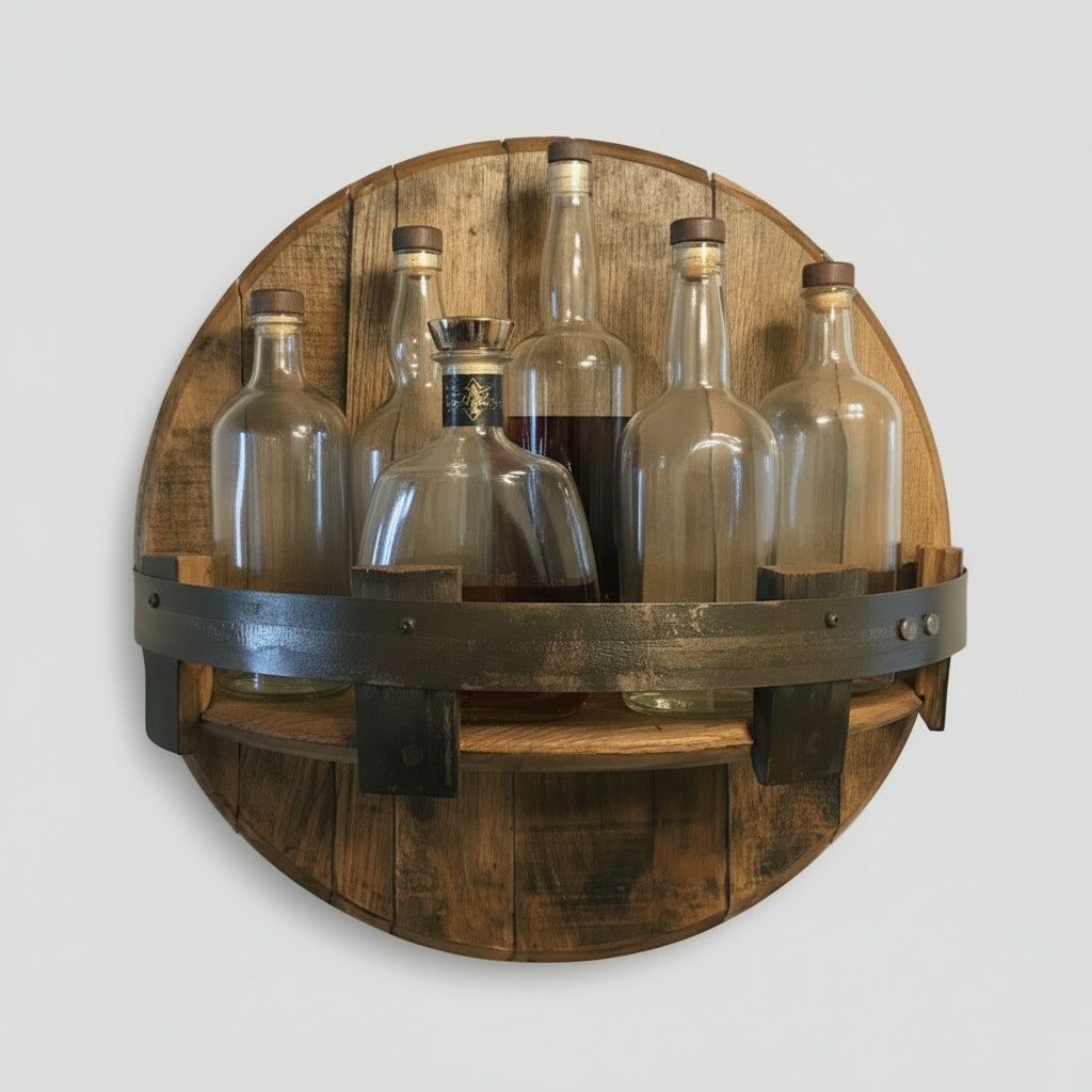 Rustic Bourbon Barrel Wall Shelf for Whiskey Display Home Bar Decor 0
