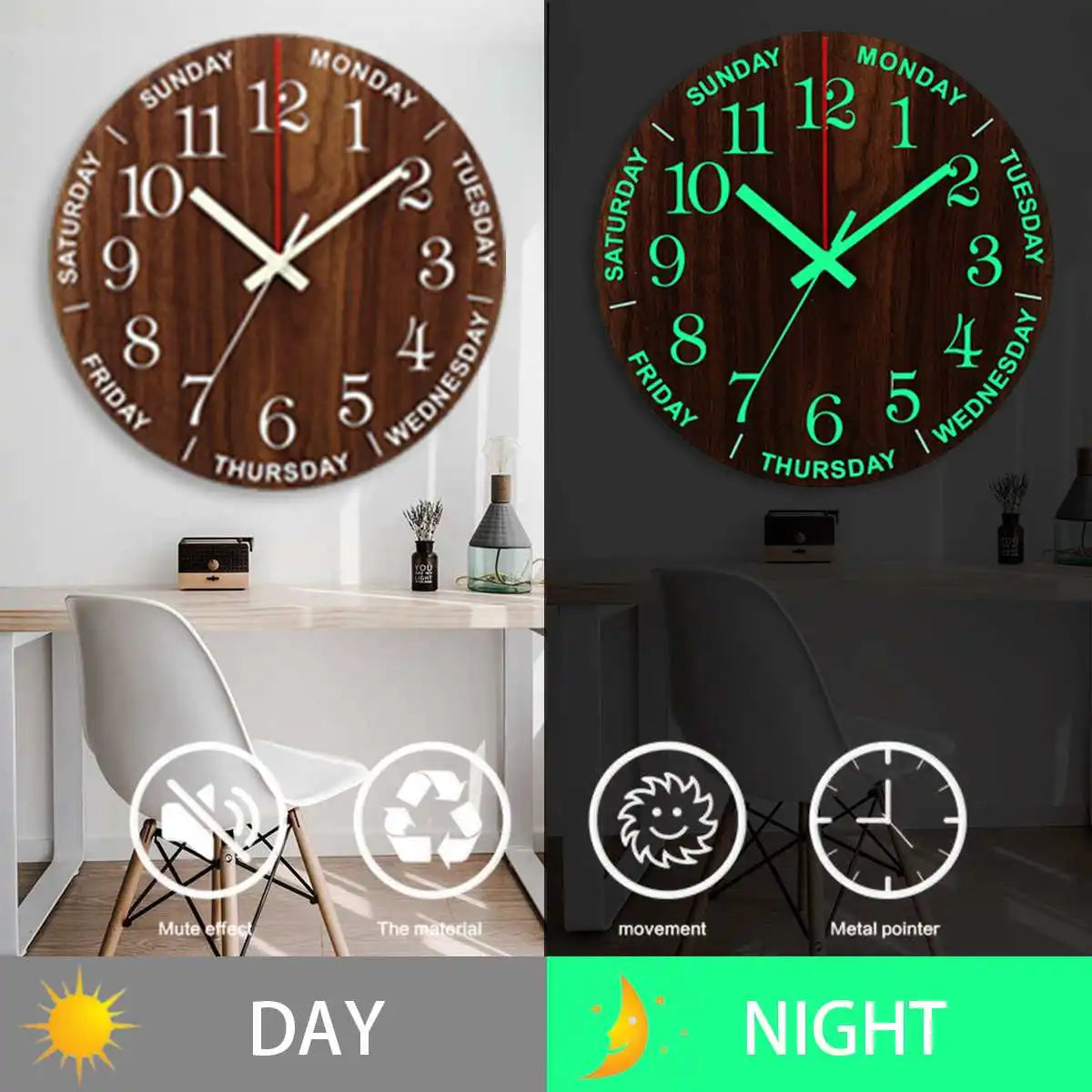 GlowClock - Silent Wooden Wall Clock with Night Light