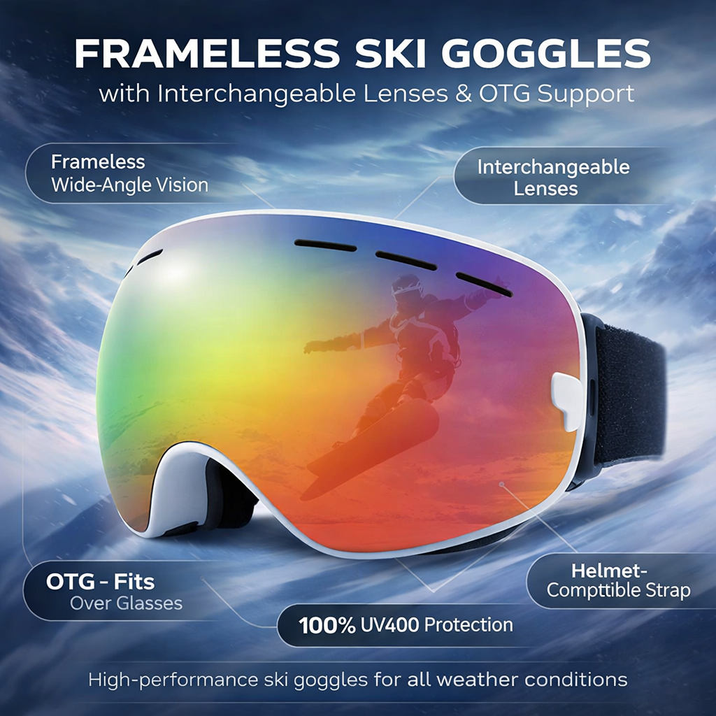 Ski Goggles Frameless OTG Interchangeable Lens Design