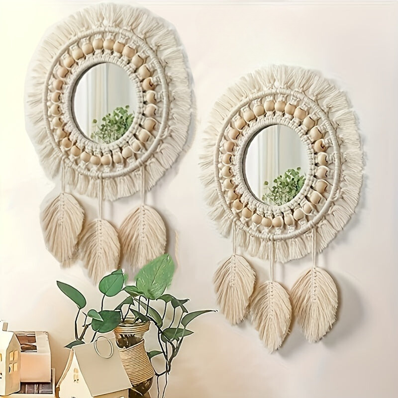 Boho Chic Handgeweven Rattan Wandspiegels met Bladkwastjes – Frameloos en Gepolijste Afwerking