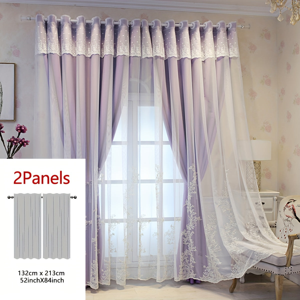 2 Pezzi Tenda Ricamata con Fate Elfiche - Pannelli di Tenda Traslucidi con Tessuto Integrato e Anelli