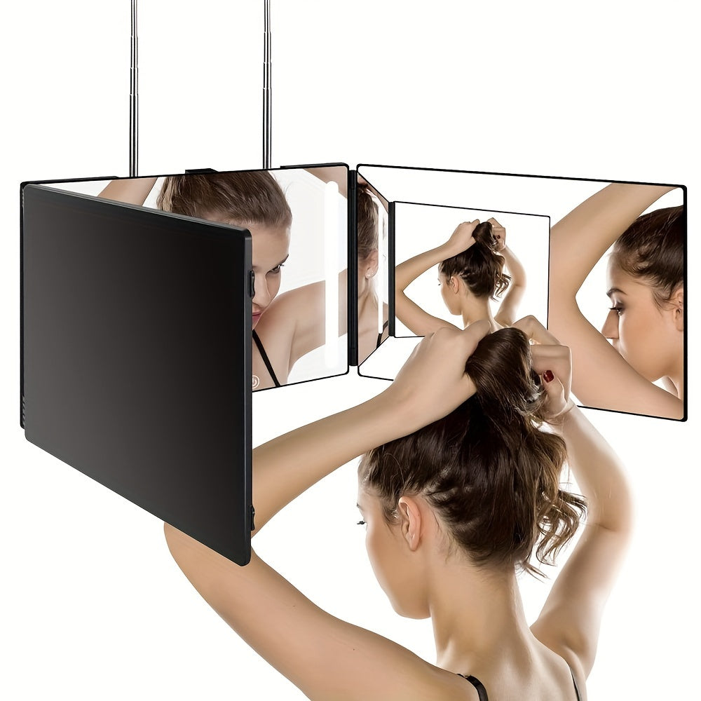 3-zijdige Spiegel voor Haar Knippen – 360° Trifold LED Make-up Spiegel met Verstelbare Hoogte, Draagbaar voor Reizen