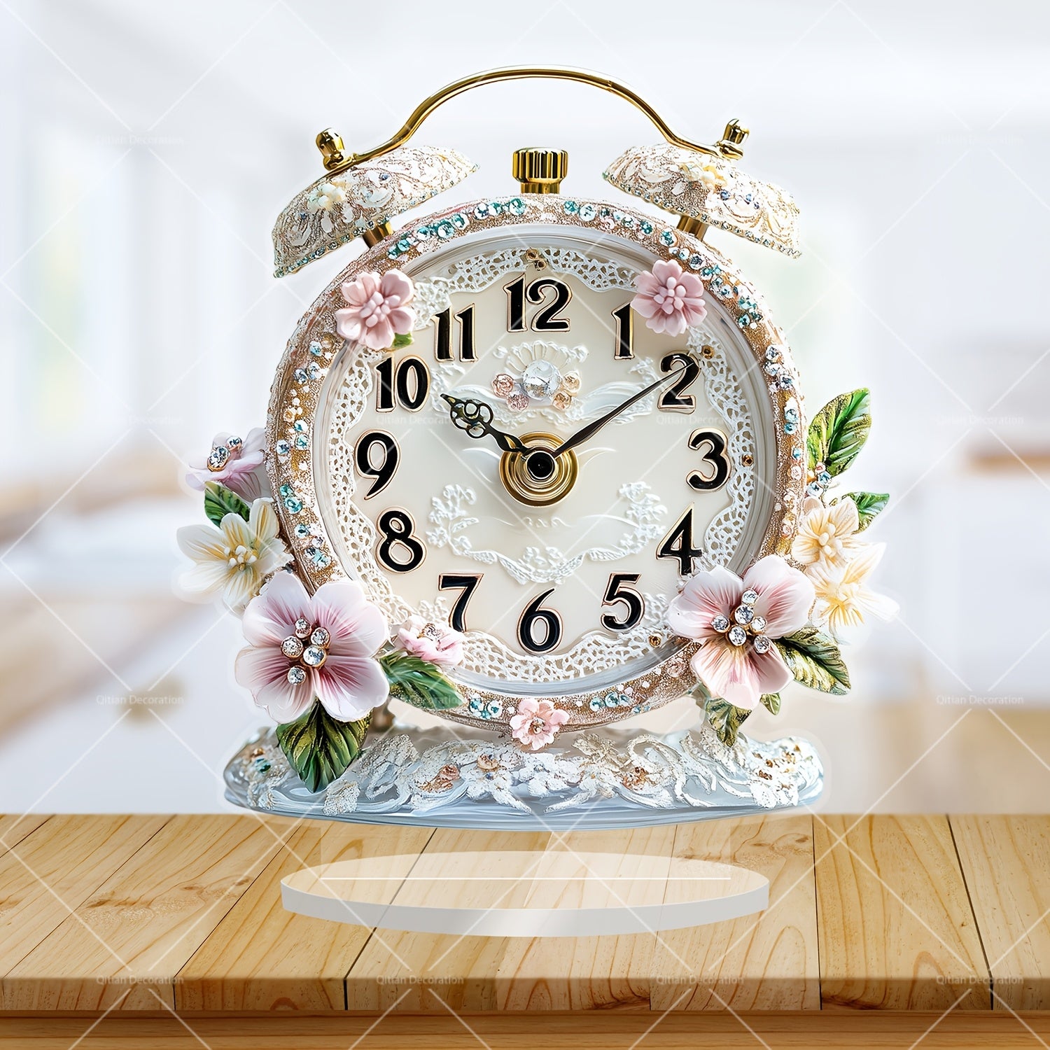 GlamTime - Luxe Acryl Bloemen Wekker met Edelsteenaccenten