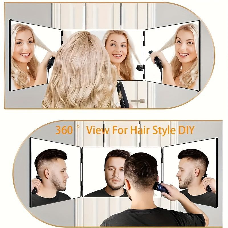 360° Draaibare 3-Zijdige Spiegel met Hoogte Verstelling & Haken – Perfect voor DIY Kapsels & Make-up, Geen Batterij Nodig