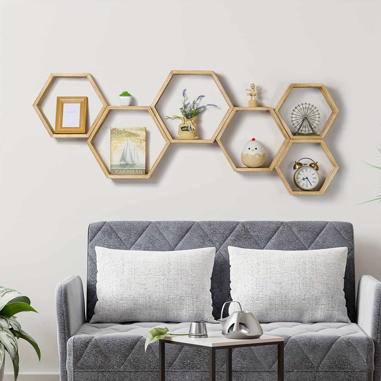 HexaWood - 3 Stuks Houten Zeshoekige Zwevende Wandplanken voor Keuken, Woonkamer & Slaapkamer