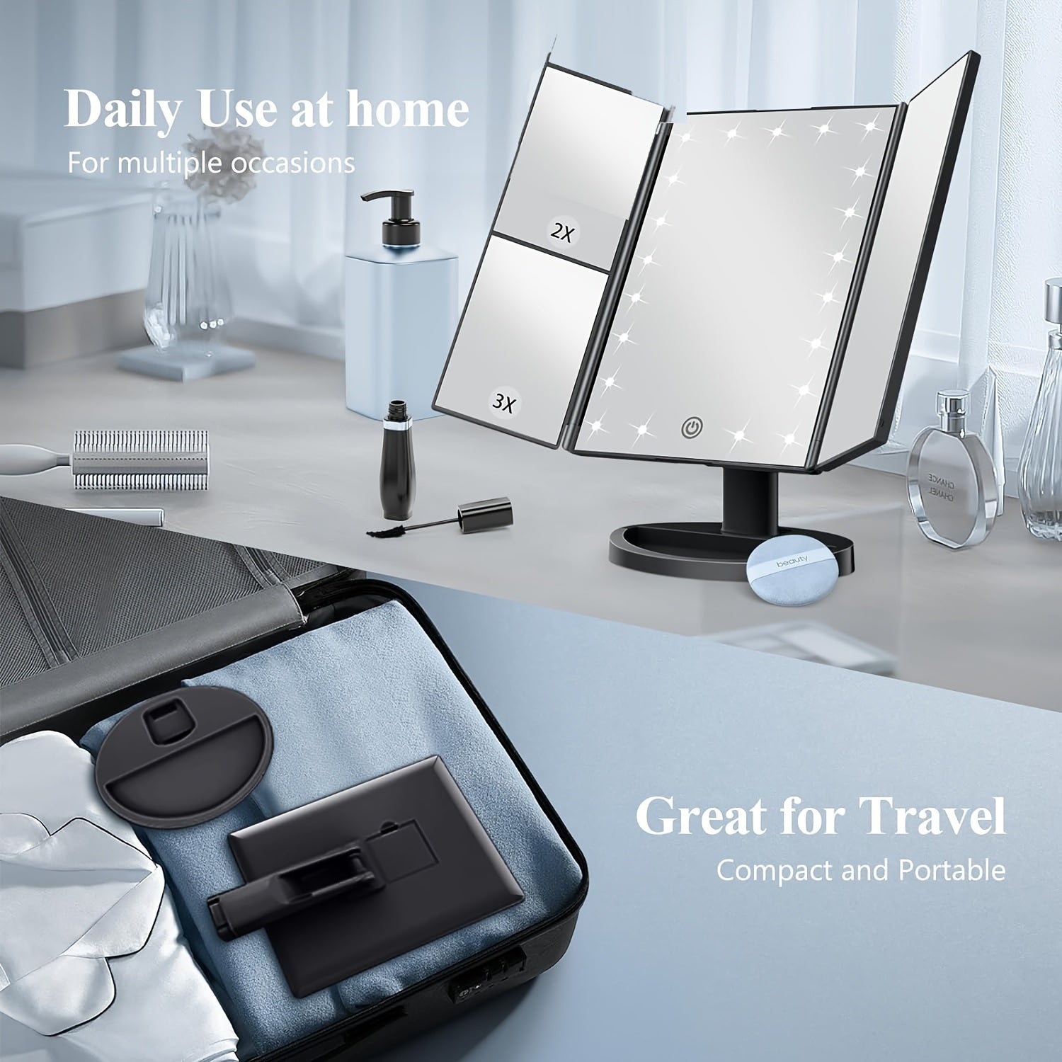 Tri-fold Verlichte Make-up Spiegel met 3x/2x Vergroting, 21 LED's en Touchscreen – 180 Graden Draaibare Tafelspiegel voor Reizen