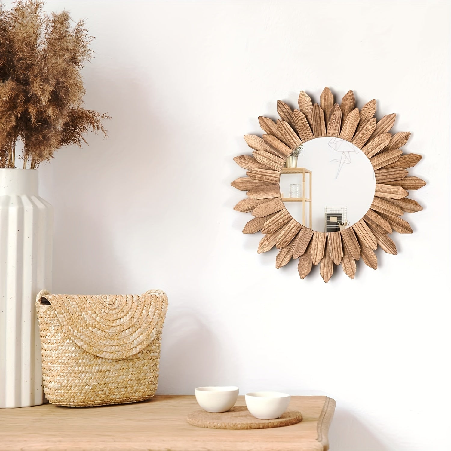 Houten Spiegel met Bloemvormig Frame – Wandgemonteerde Decoratieve Spiegel voor Woonkamer, Slaapkamer en Badkamer