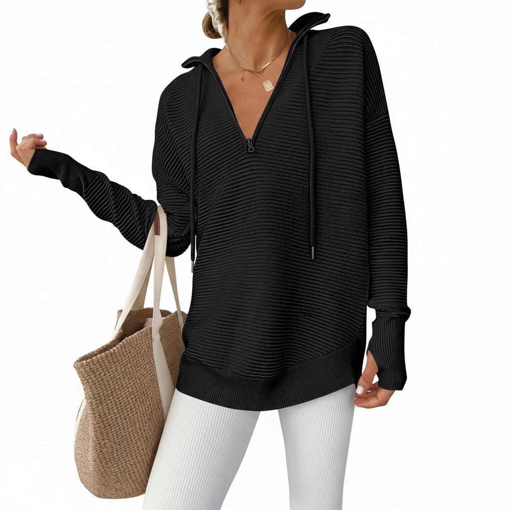 Dames Trui Gebreid Half Zip V Hals Ribstof Oversized