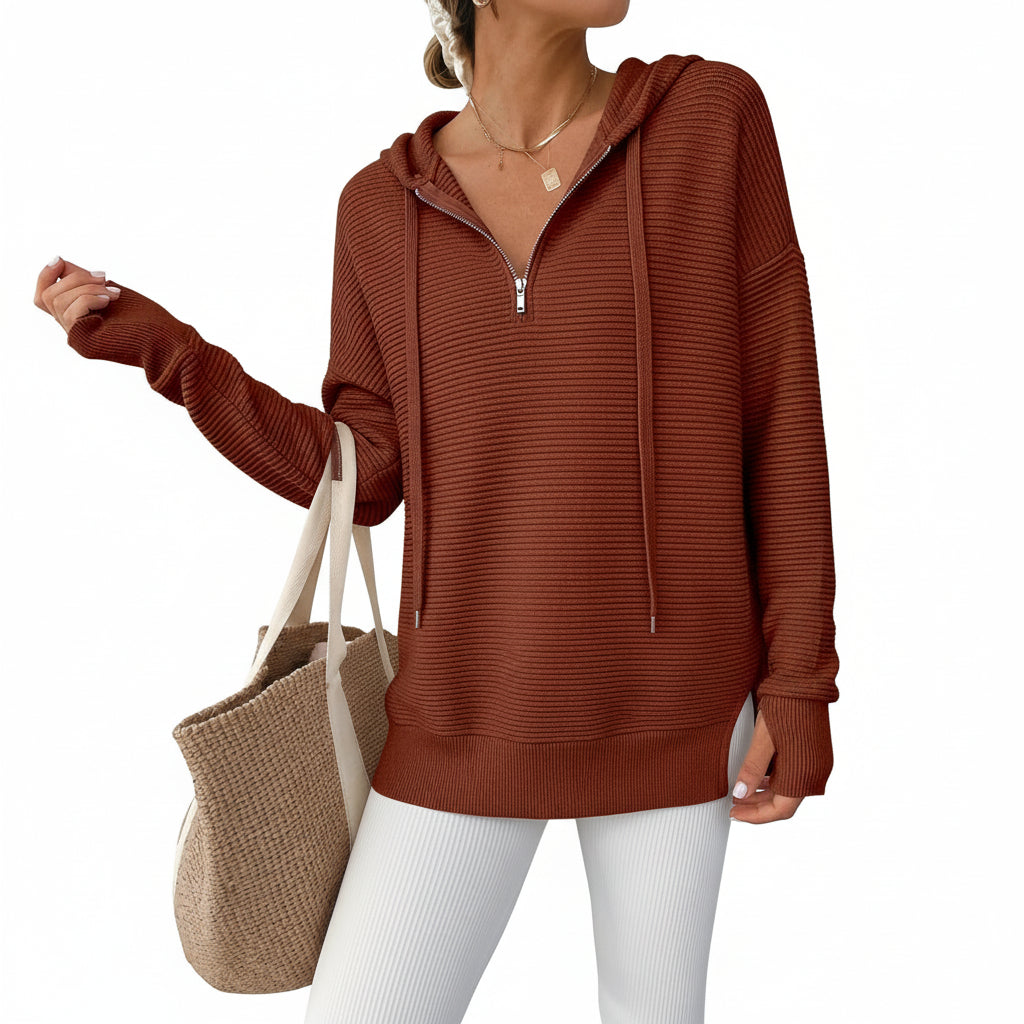 Dames Trui Gebreid Half Zip V Hals Ribstof Oversized