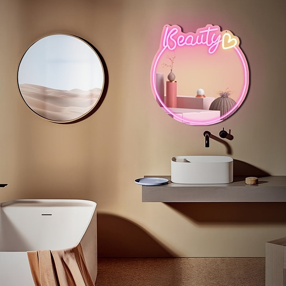 Beauty Neon Spiegel - Wandmontage, USB-Aangedreven Spiegellicht voor Meisjeskamer of Beautysalon
