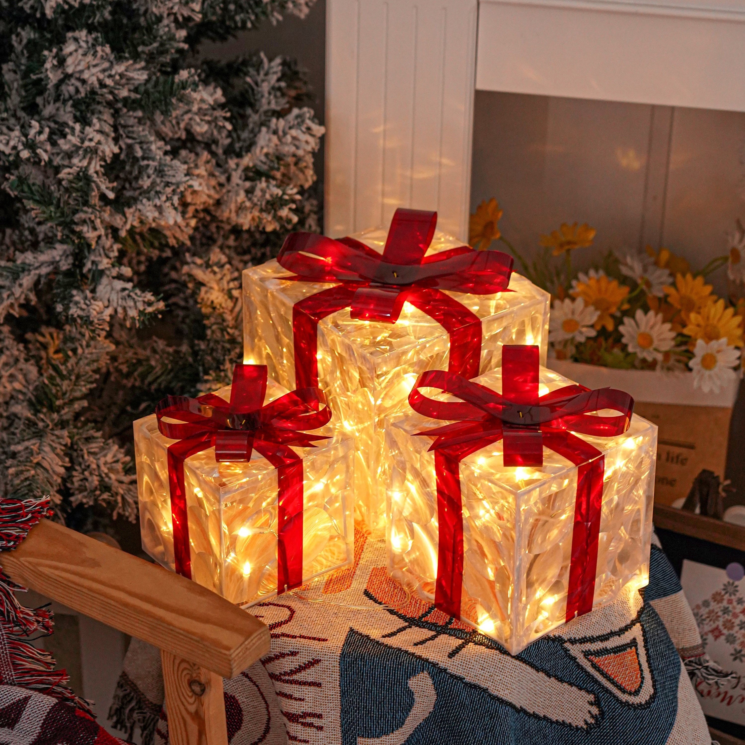 CadeauLicht - Set van 3 Verlichte Kerstcadeaudozen met Rode Strik