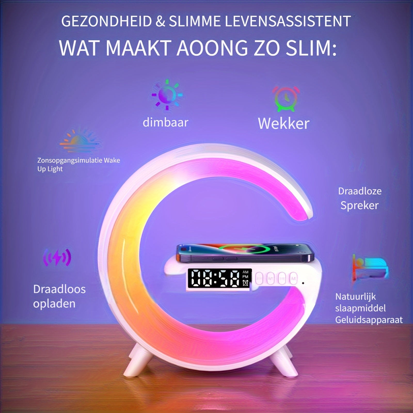 SlimLamp - Draadloos Opladen Tafellamp met Wekker en Slaaphulp
