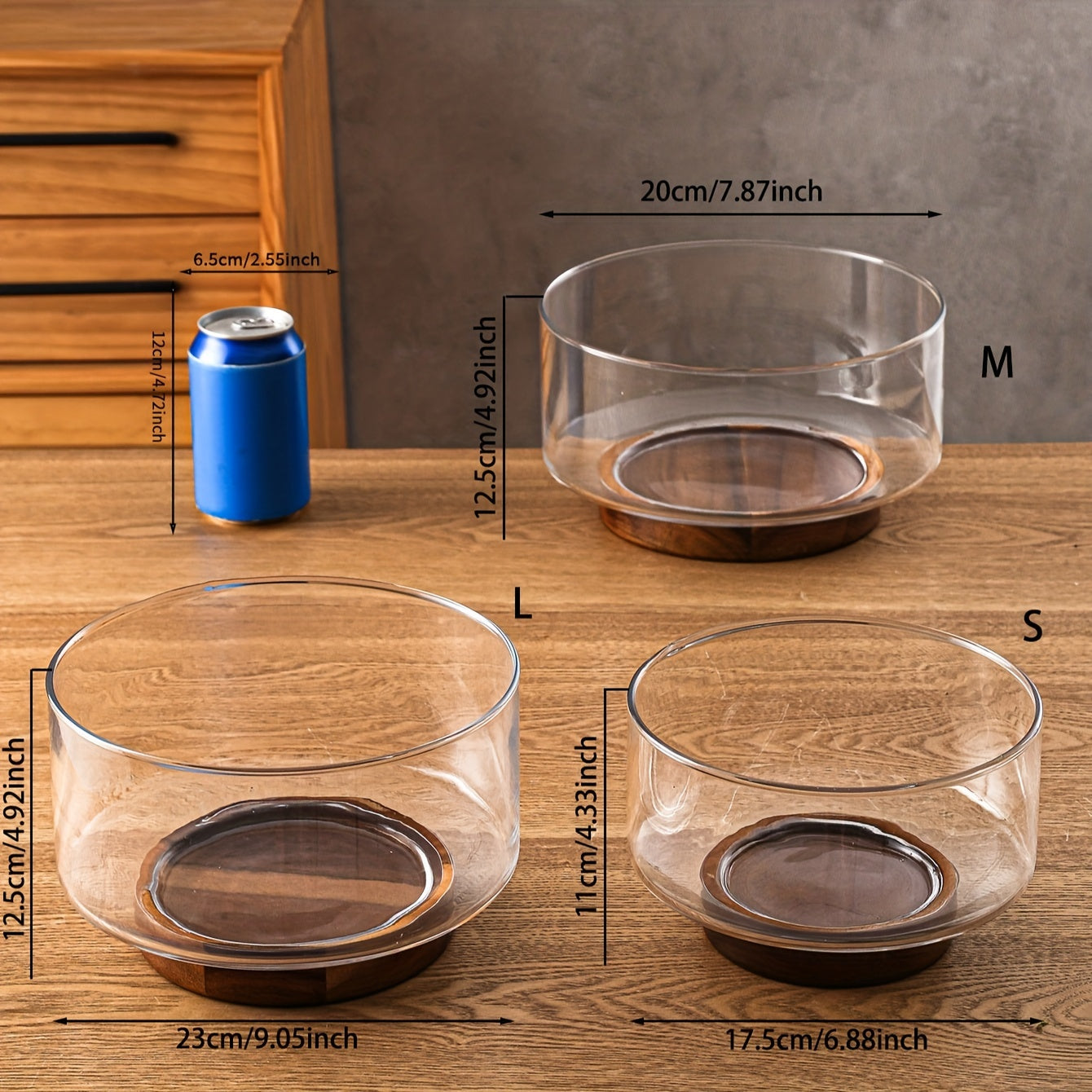 GlassServe-Fruitschaal - Glazen Fruitschaal met Houten Basis voor Keukentafel