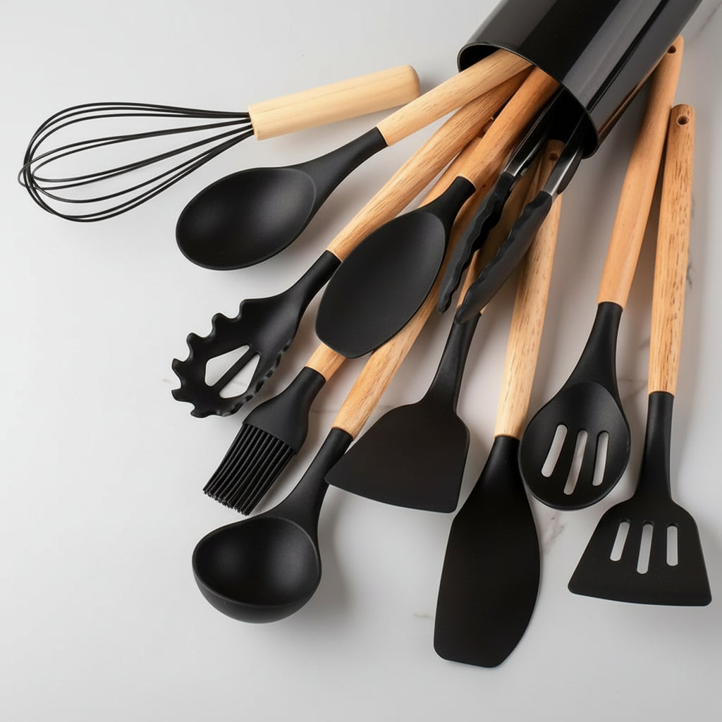 Keukengerei Set Siliconen Houten Handvatten Hittebestendig