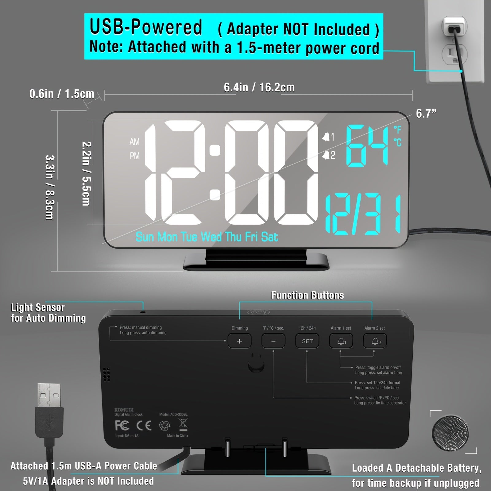 Digitime - Digitale LED Wekker met Dubbel Alarm en USB-Voeding