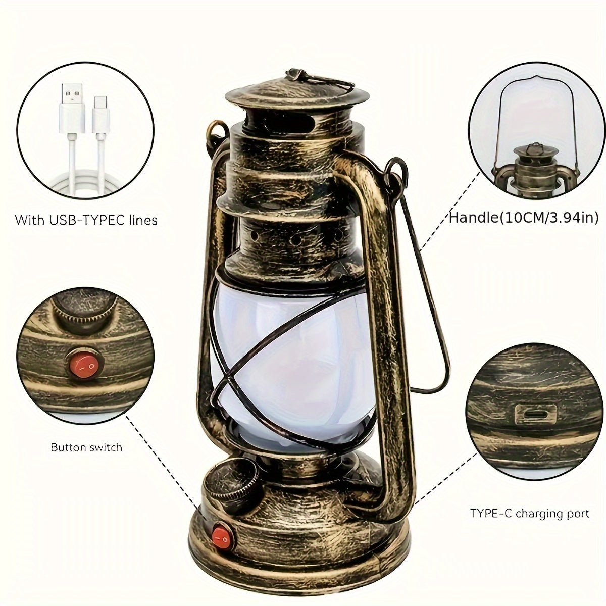 Retro Lantern - Rechargeable LED Lantern with Flame Light Effect, Antique Copper Finish