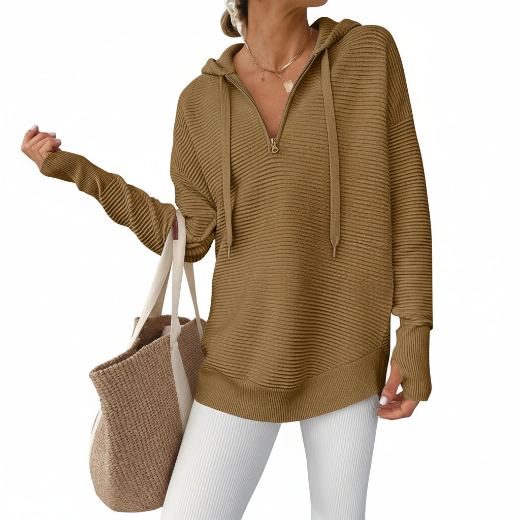 Dames Trui Gebreid Half Zip V Hals Ribstof Oversized