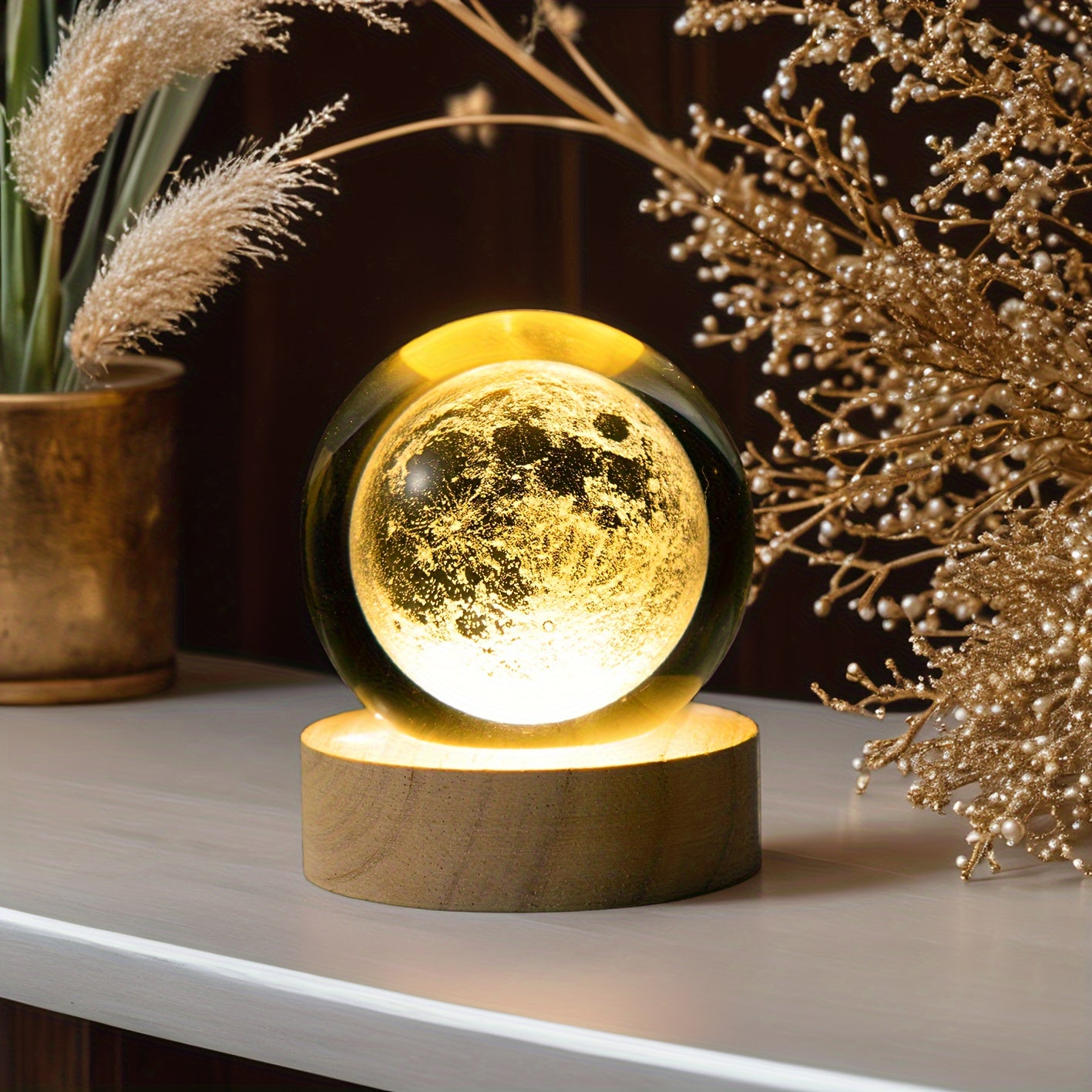 MoonCrystal - Maan Kristal Bal Lamp met Houten Basis