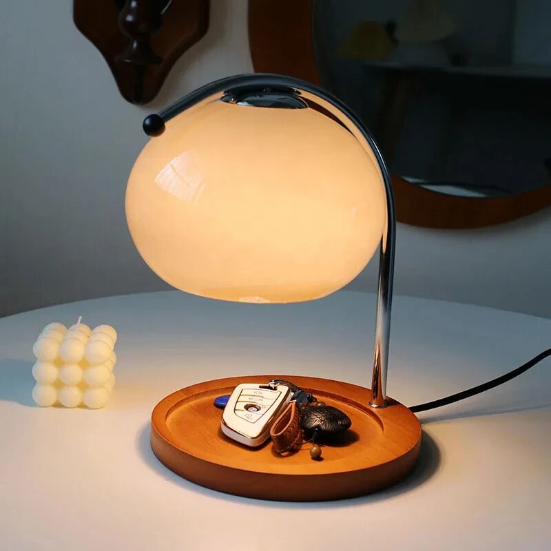GlowSphere - Macaron Tafellamp van Glas met Houten Tray