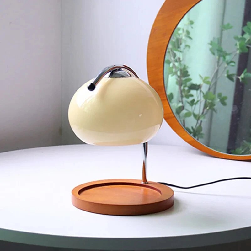 GlowSphere - Macaron Tafellamp van Glas met Houten Tray