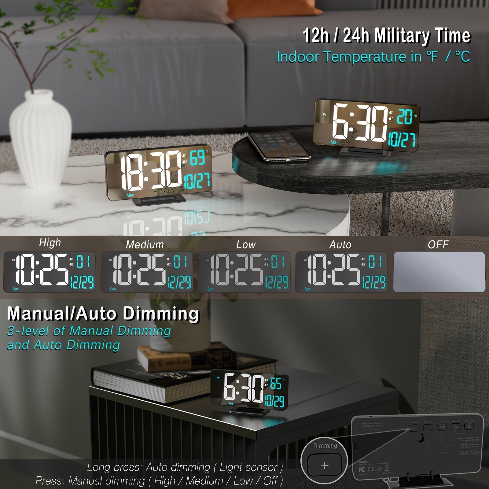 Digitime - Digitale LED Wekker met Dubbel Alarm en USB-Voeding