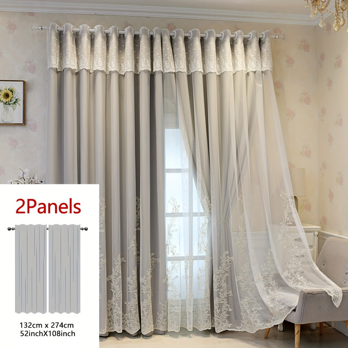 2 Pezzi Tenda Ricamata con Fate Elfiche - Pannelli di Tenda Traslucidi con Tessuto Integrato e Anelli