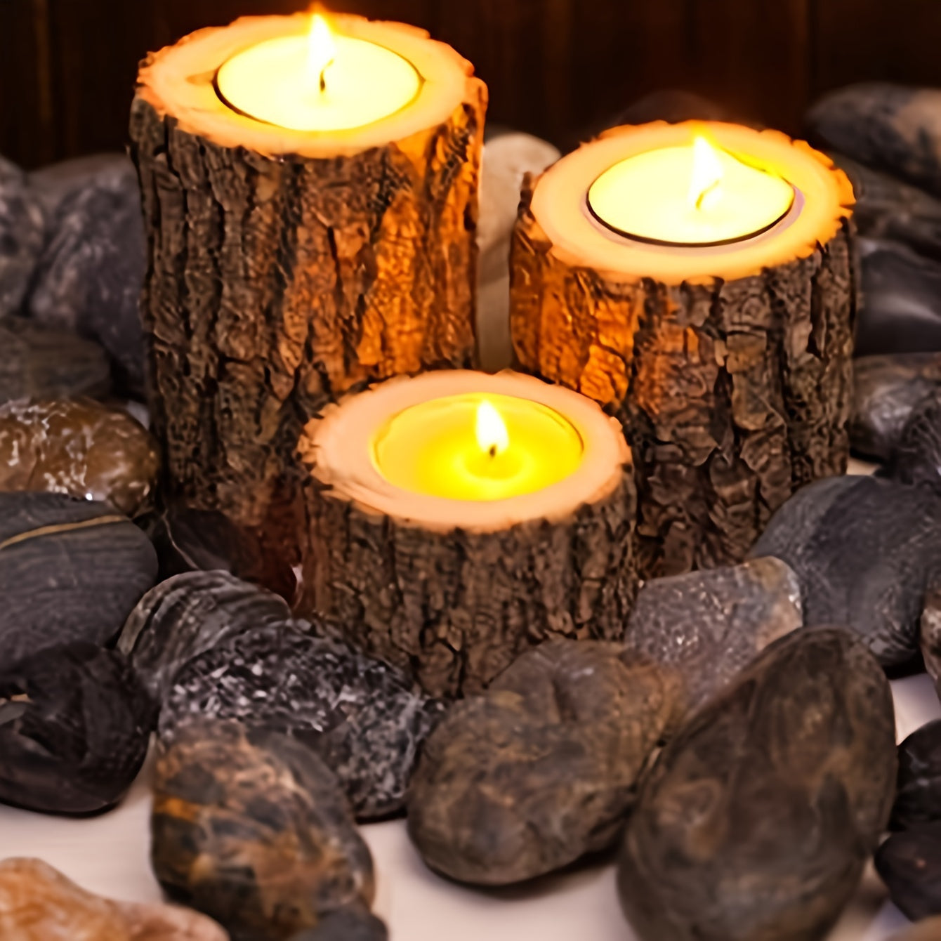3-Delige Set Rustieke Boomschors Kaarshouders – Houten Tafeldecoratie voor Kerst en Feestdagen