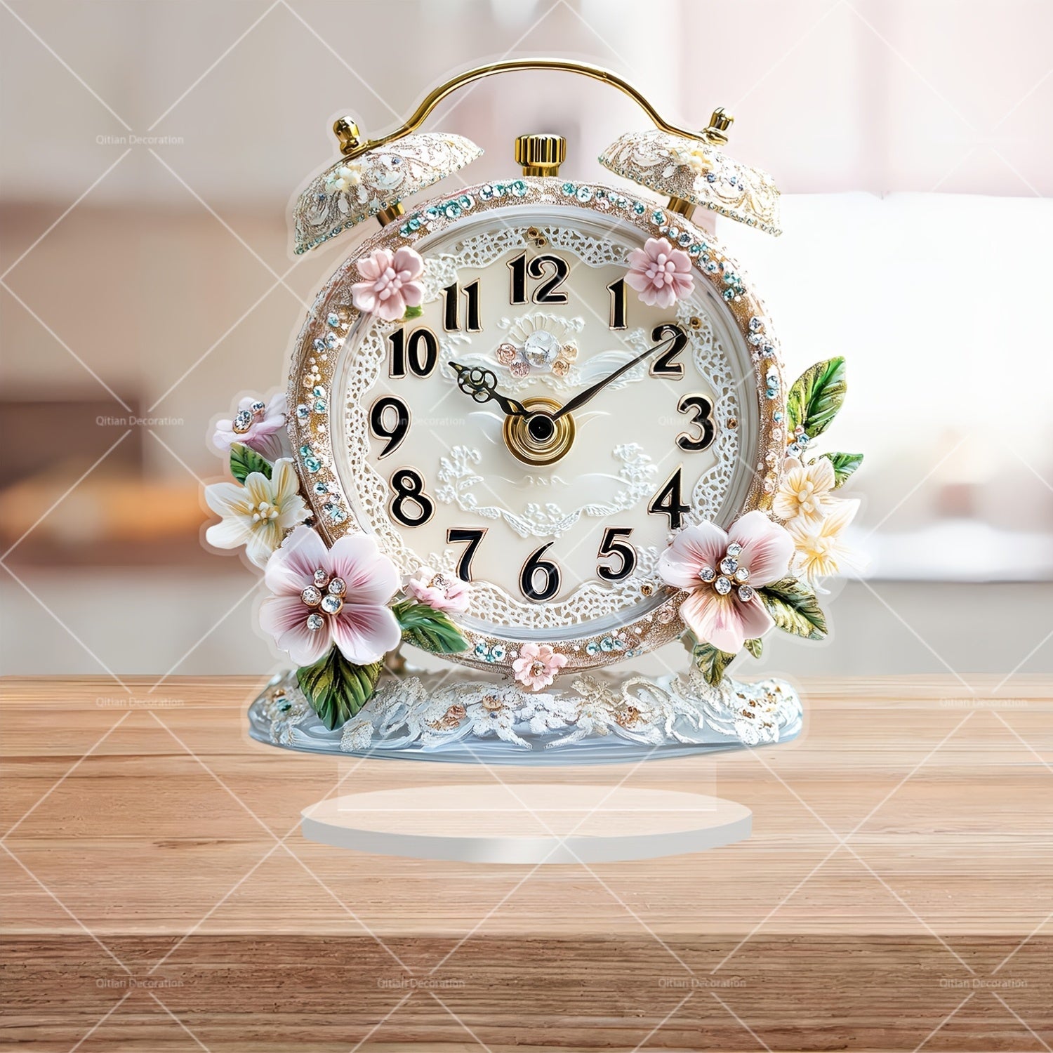 GlamTime - Luxe Acryl Bloemen Wekker met Edelsteenaccenten