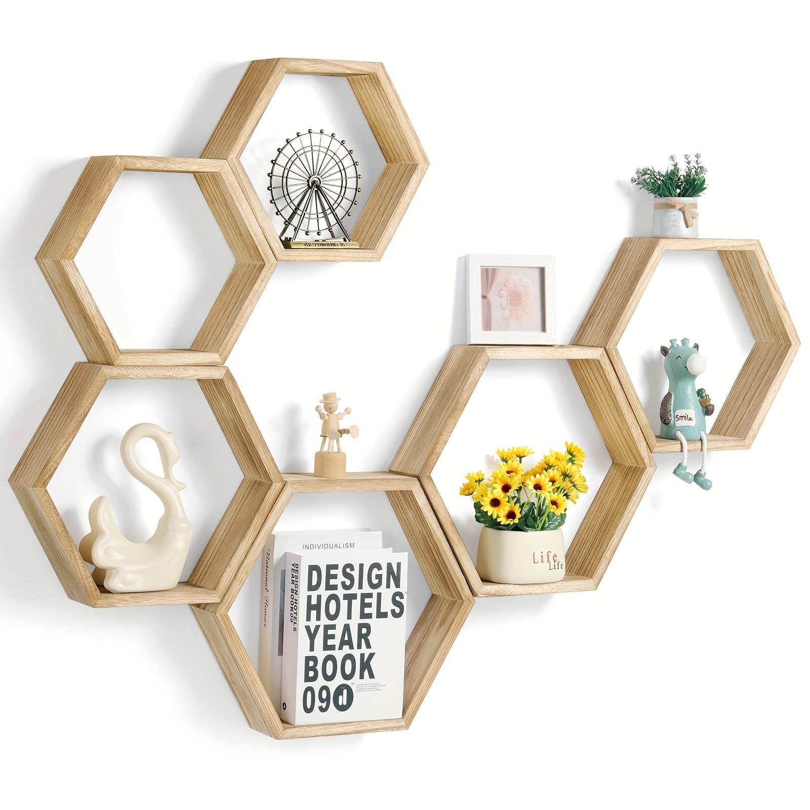 HexaWood - 3 Stuks Houten Zeshoekige Zwevende Wandplanken voor Keuken, Woonkamer & Slaapkamer