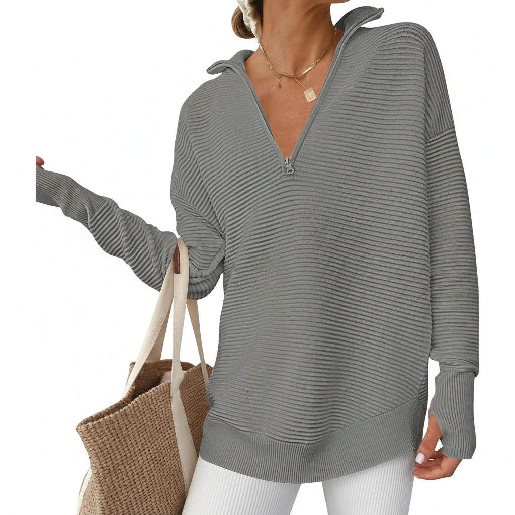 Dames Trui Gebreid Half Zip V Hals Ribstof Oversized