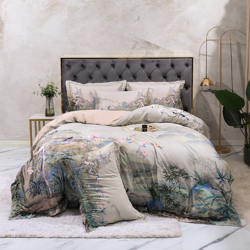 Conjunto de Roupa de Cama com Estampa de Flores Estilo Antigo