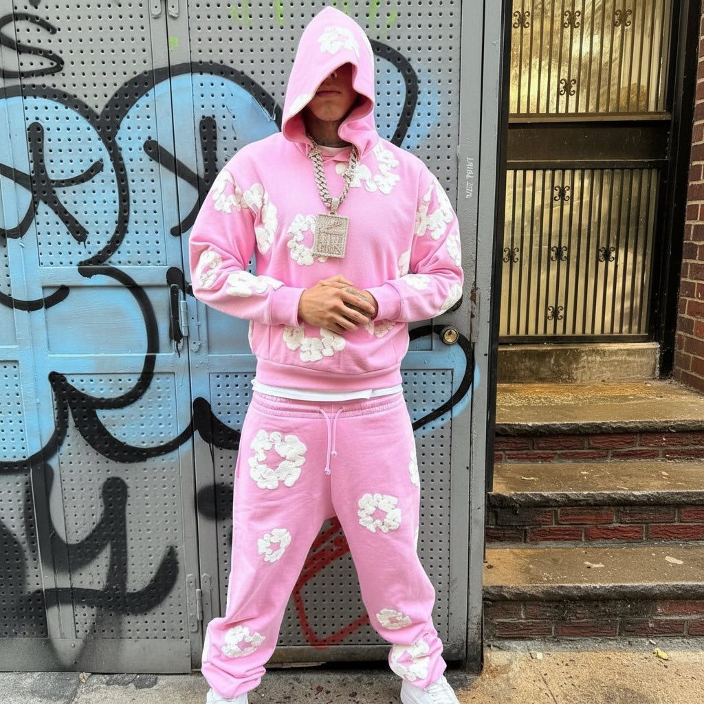 Fato de Treino Amplo Estampado com Flores Conjunto Confortável de Inverno