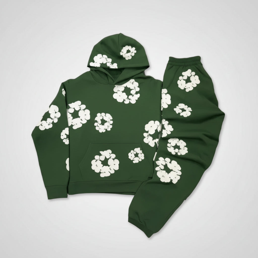 Fato de Treino Amplo Estampado com Flores Conjunto Confortável de Inverno