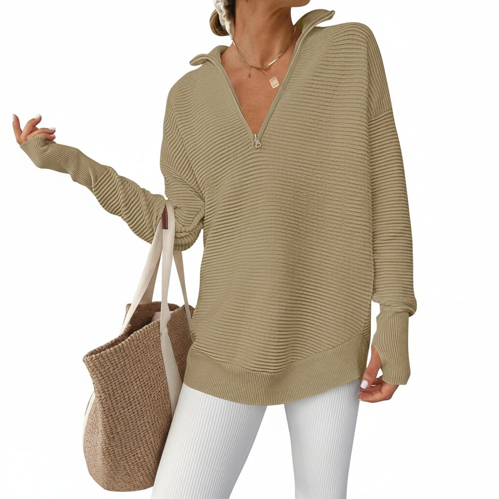 Dames Trui Gebreid Half Zip V Hals Ribstof Oversized