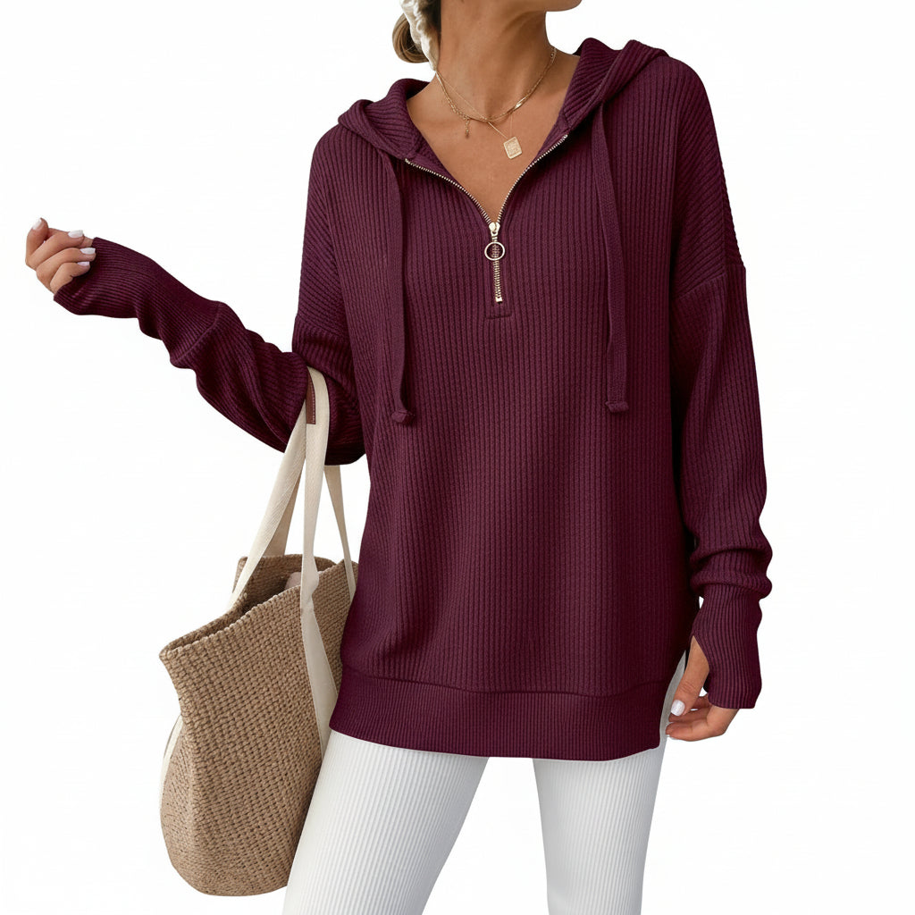 Dames Trui Gebreid Half Zip V Hals Ribstof Oversized