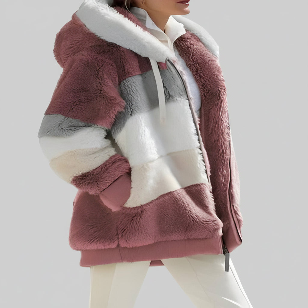 Dames Winterjas Teddy Oversized Kleurblok Capuchon Rits