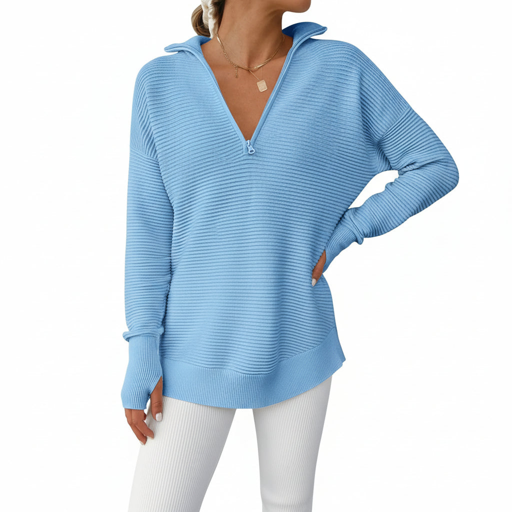 Dames Trui Gebreid Half Zip V Hals Ribstof Oversized