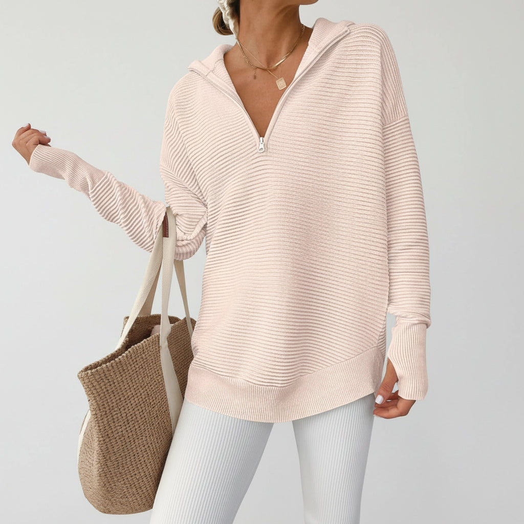 Dames Trui Gebreid Half Zip V Hals Ribstof Oversized