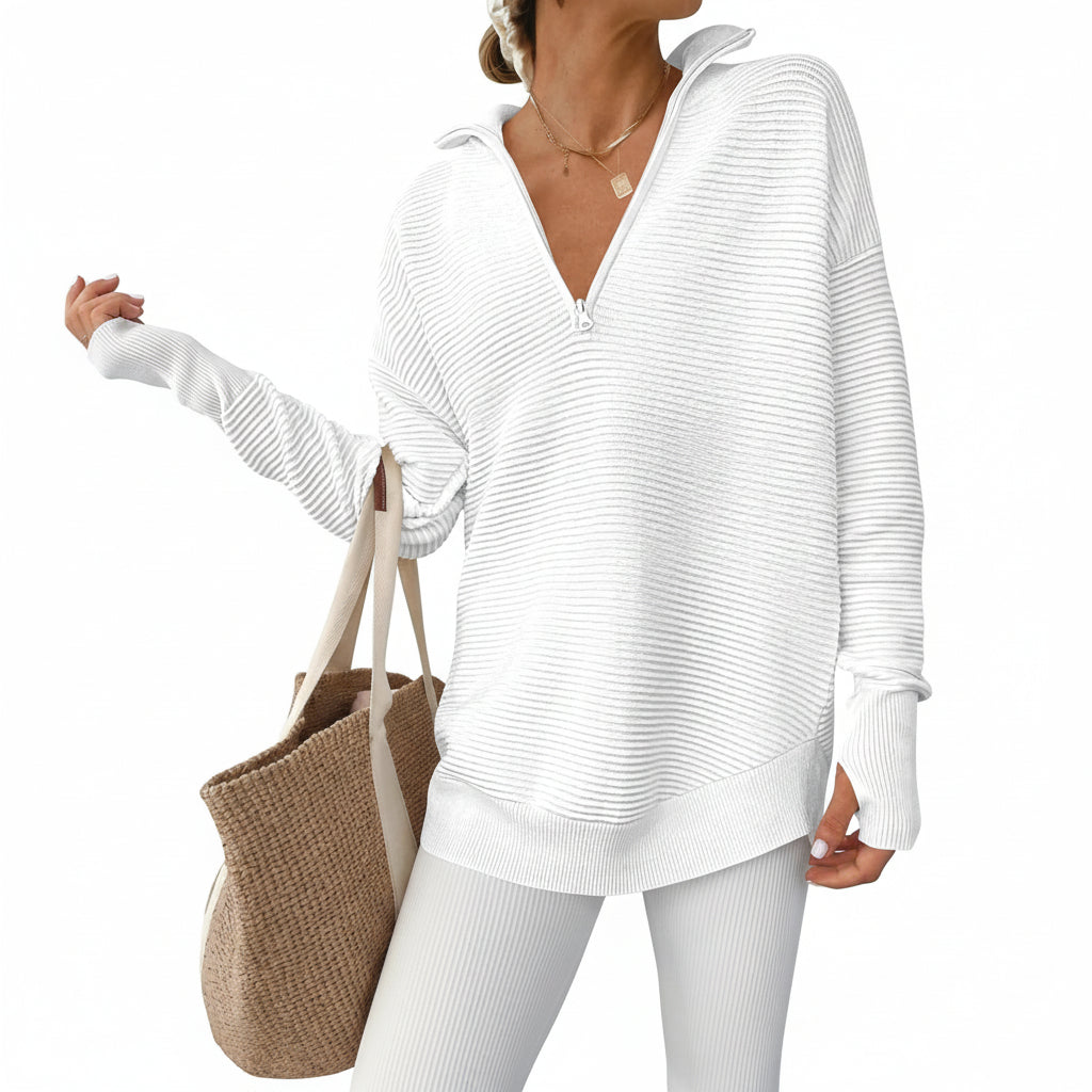 Dames Trui Gebreid Half Zip V Hals Ribstof Oversized